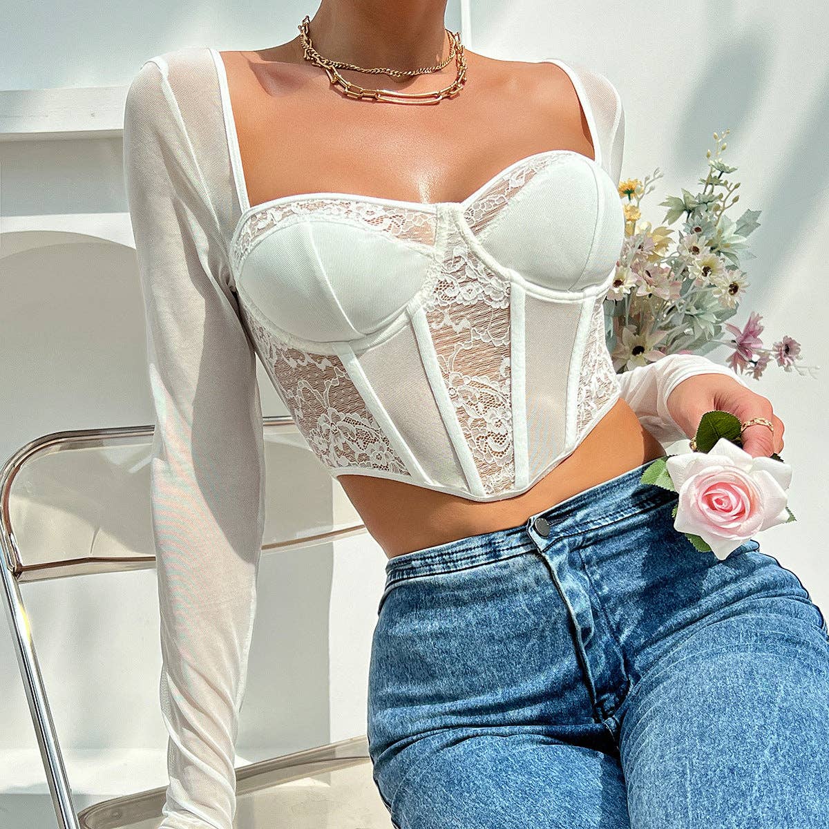 Long Sleeve Mesh Lace Top