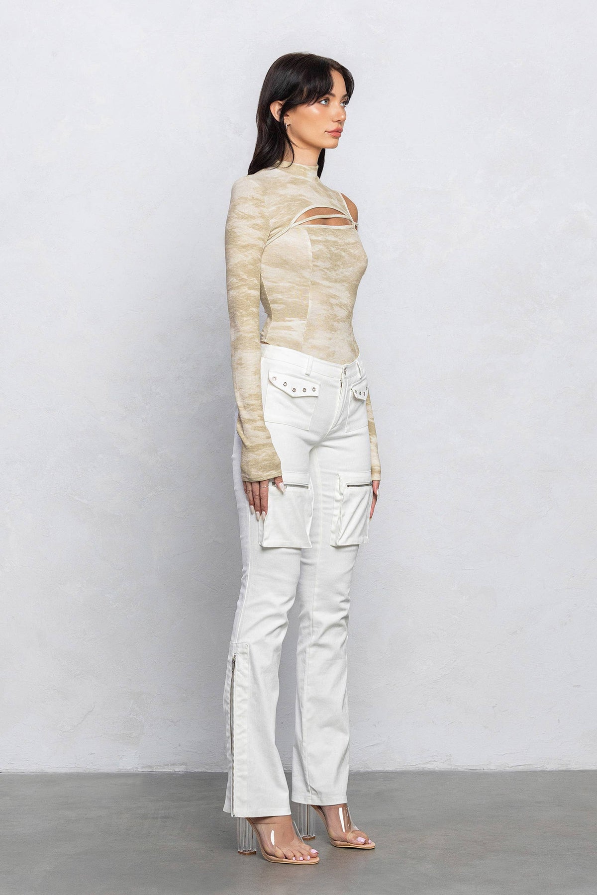 Marble printed ribbed mock-neck bodysuit