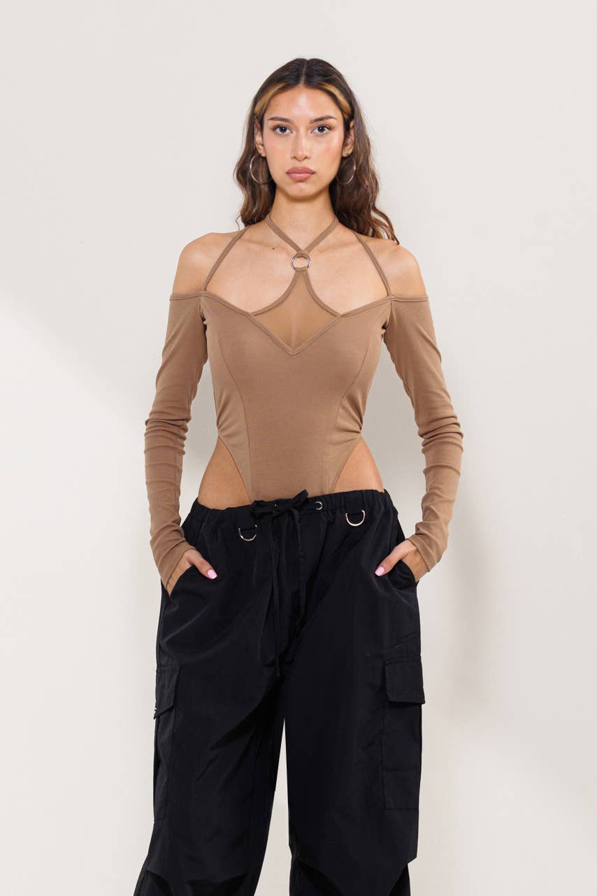 Diamond mesh details and strappy long sleeves bodysuit