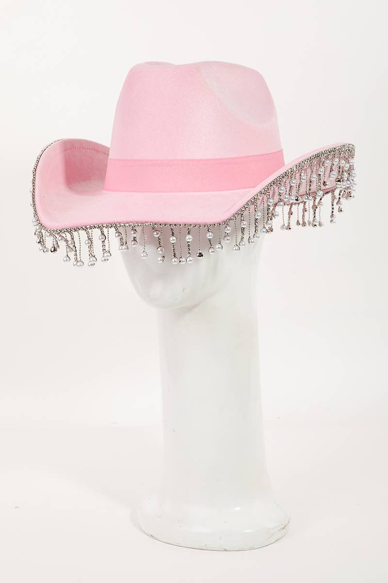 Pearl Rhinestone Fringe Trim Cowboy Hat