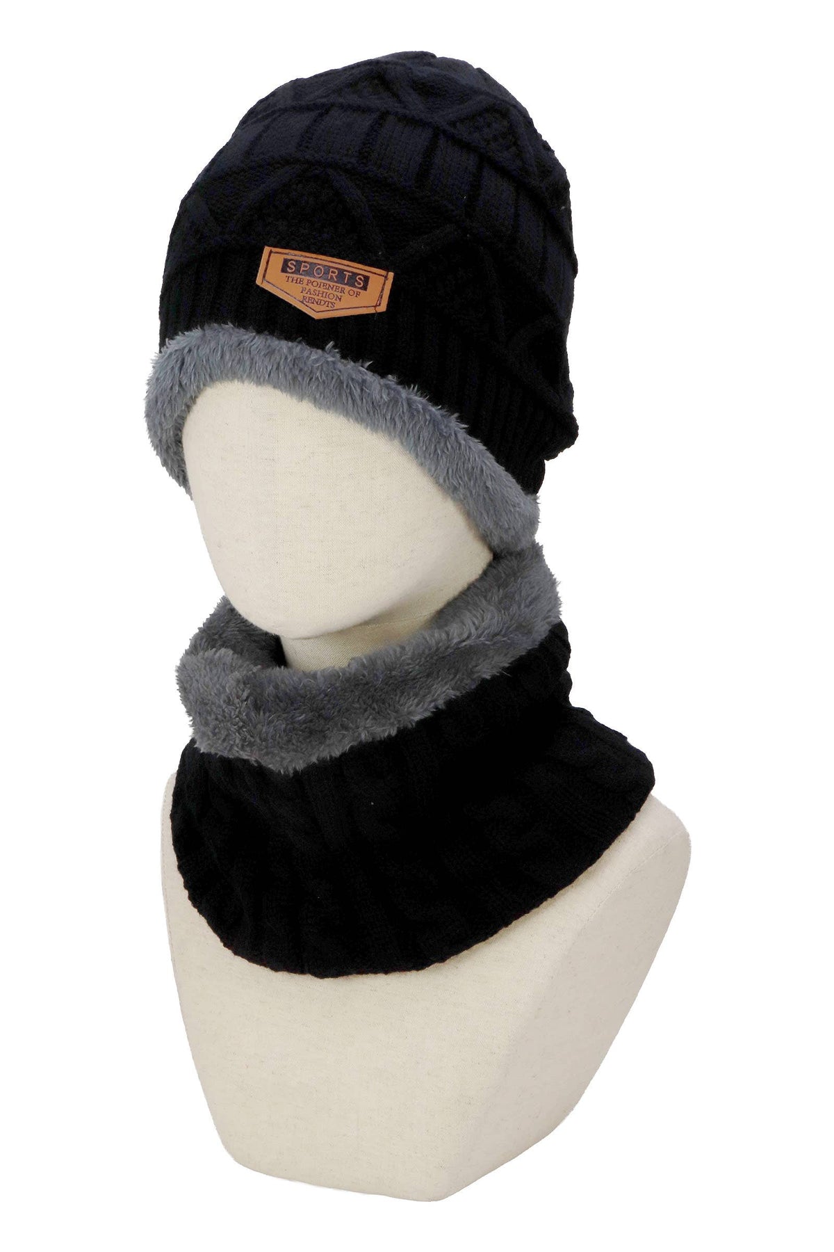 Dark Neutrals 2-piece Knit Fur Beanie Scarf