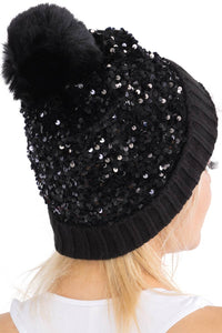 Bedazzled Metallic Sequins Knitted Pom Pom Beanie