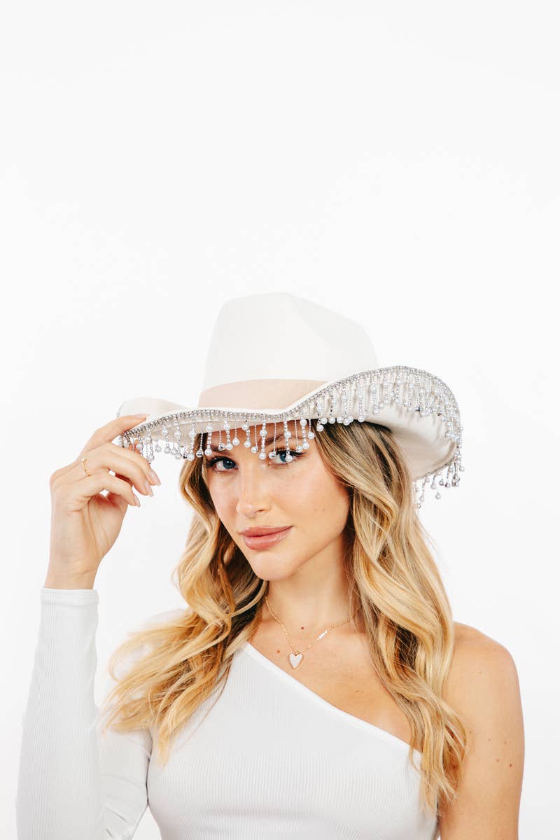 Pearl Rhinestone Fringe Trim Cowboy Hat