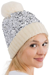 Bedazzled Metallic Sequins Knitted Pom Pom Beanie