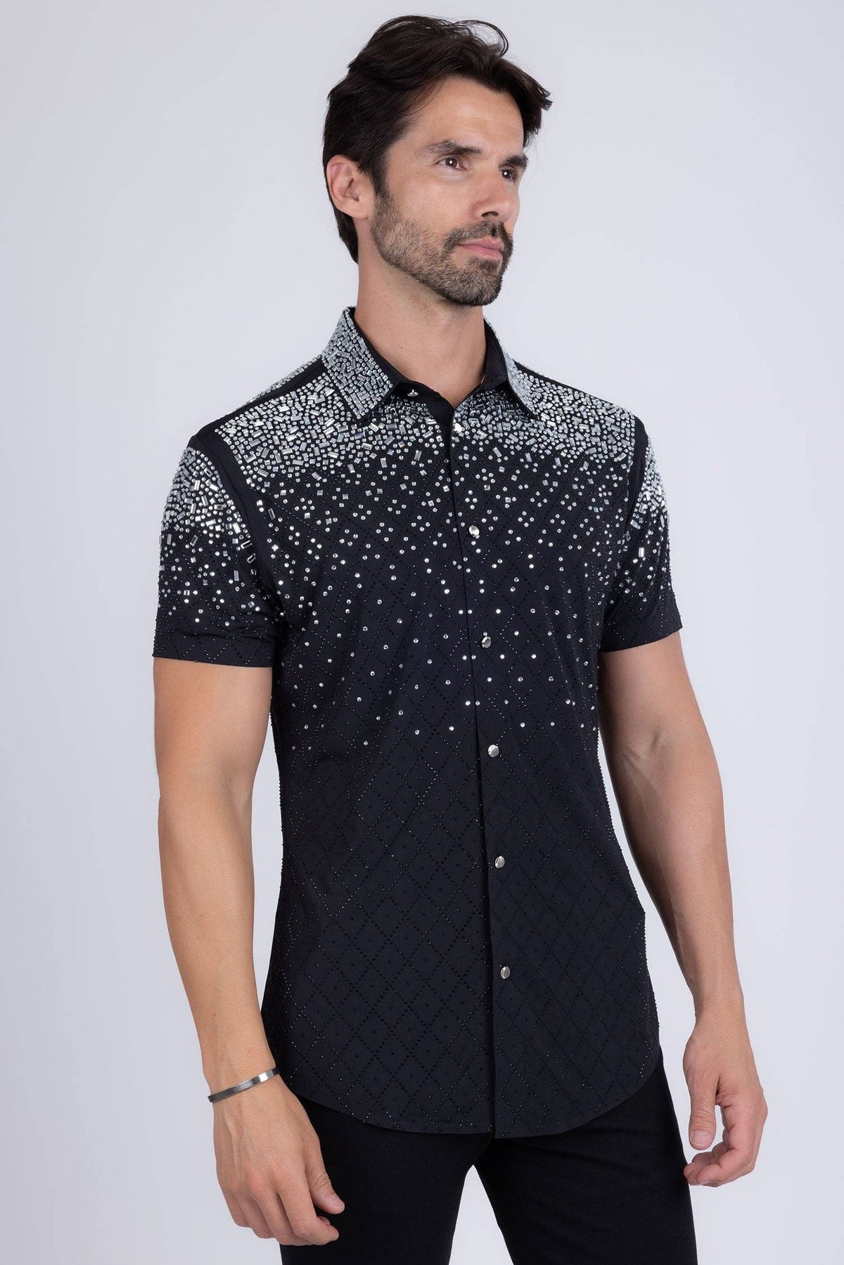 Men's Rhinestone Stretch Short Sleeve Shirt
