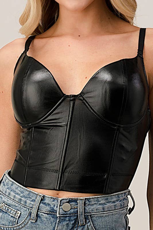 Black Faux Leather Bustier Top