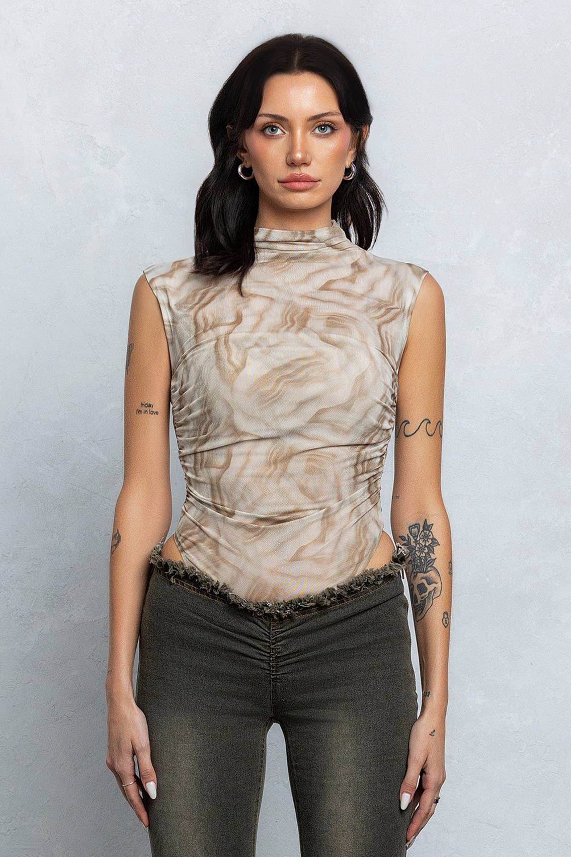 Printed mesh mock-neck sleeveless bodysuit
