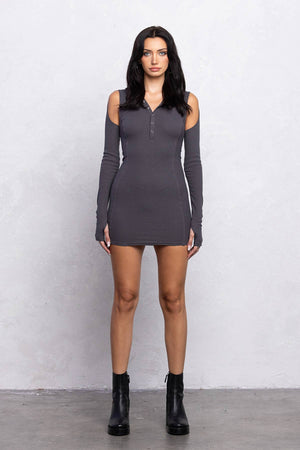 Ribbed hoodie mini dress w/ cut out details