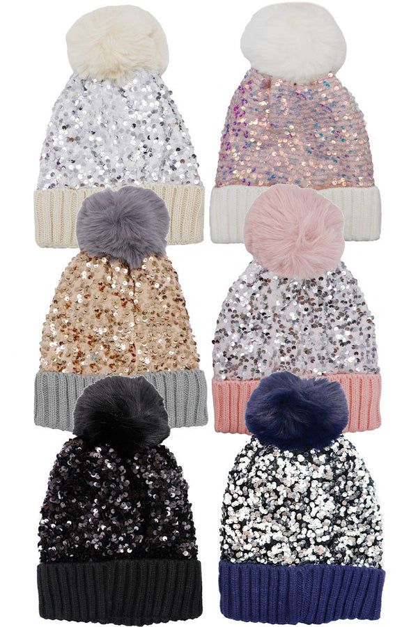 Bedazzled Metallic Sequins Knitted Pom Pom Beanie