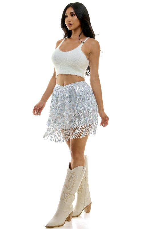 Silver Sequin Fringe Skirt - S/M