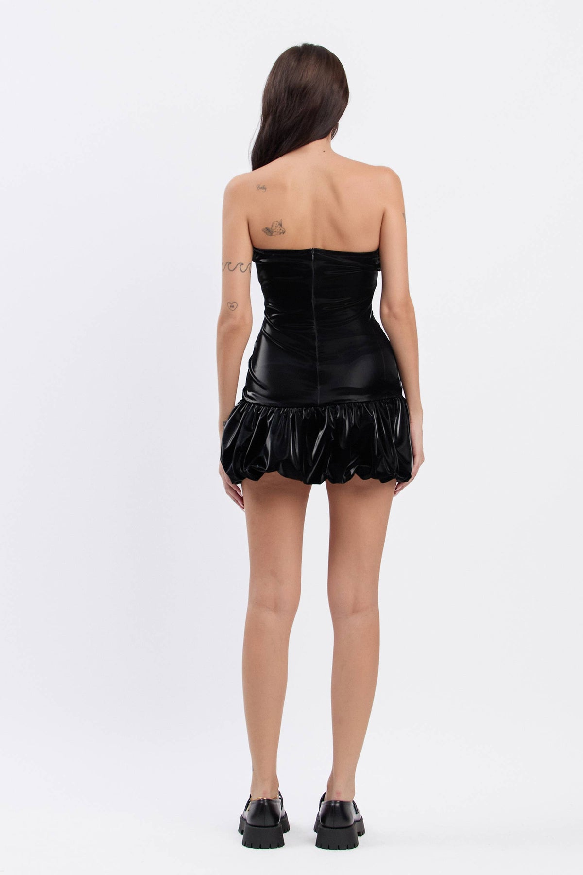 Coated stretch pleather bubble mini dress