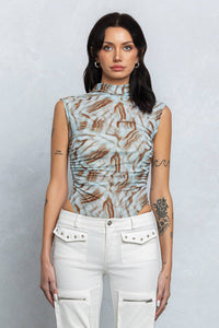 Printed mesh mock-neck sleeveless bodysuit