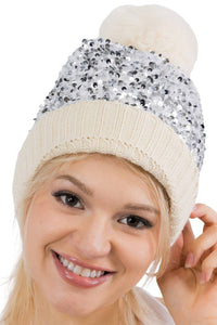 Bedazzled Metallic Sequins Knitted Pom Pom Beanie
