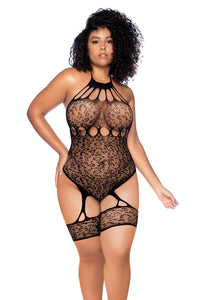Plus Size Leopard Halter Fishnet Bodysuit