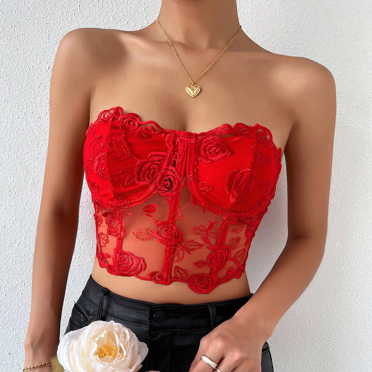 Rose Lace Strapless Bustier