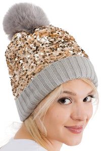 Bedazzled Metallic Sequins Knitted Pom Pom Beanie