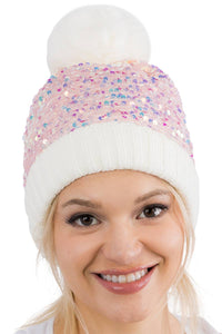 Bedazzled Metallic Sequins Knitted Pom Pom Beanie