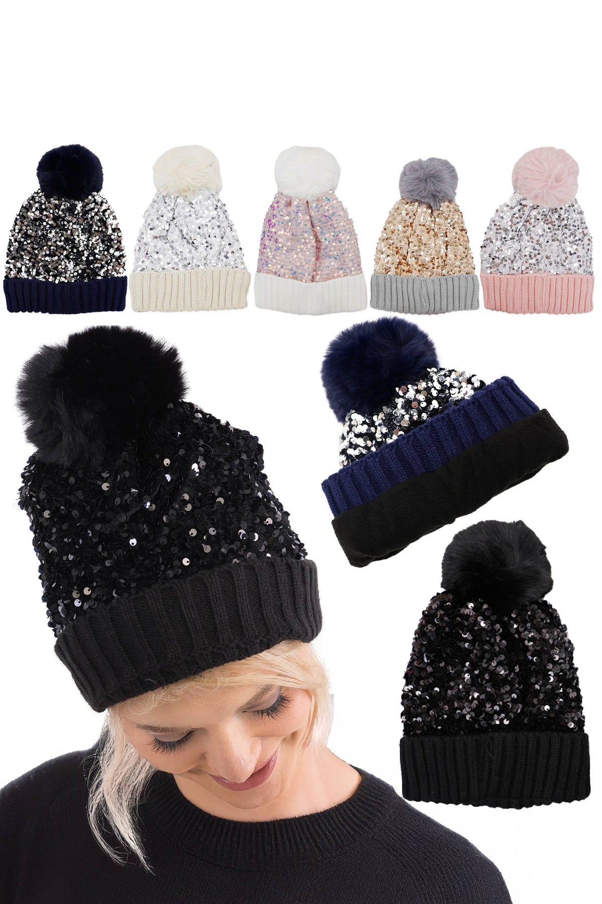 Bedazzled Metallic Sequins Knitted Pom Pom Beanie