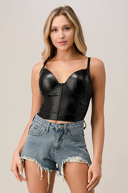 Black Faux Leather Bustier Top