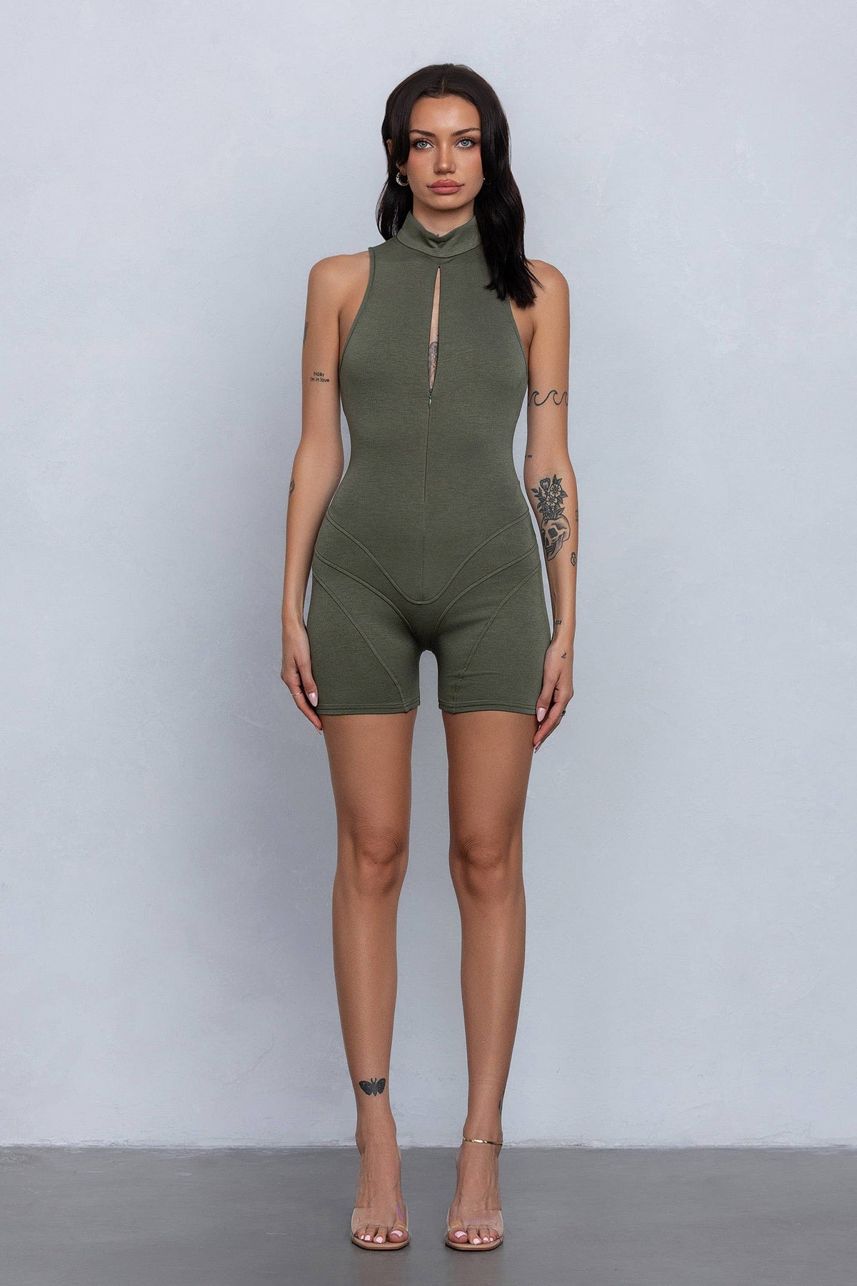 Soft & lightweight mockneck romper w/zipper detail