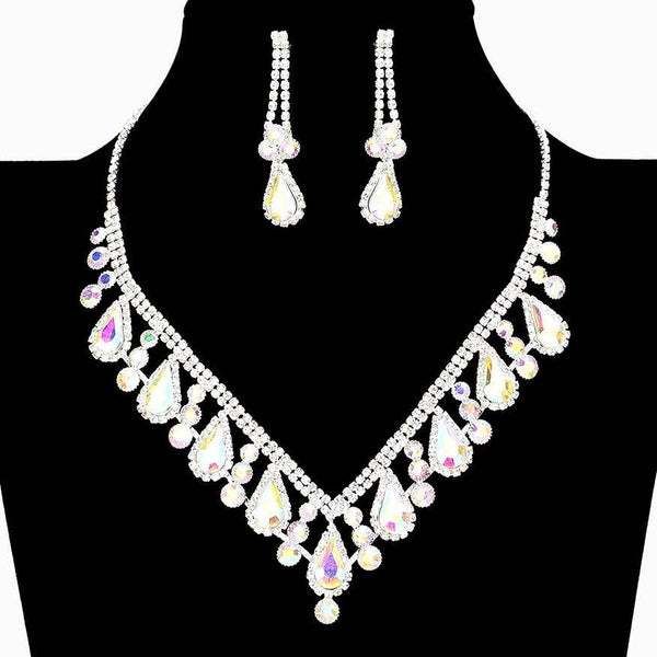 V Shape Elegant Rhinestone Necklace Set Clipon Earrings