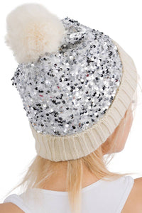 Bedazzled Metallic Sequins Knitted Pom Pom Beanie