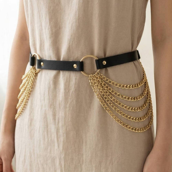 Multi Layered Chain Waist Vegan Leather Belt