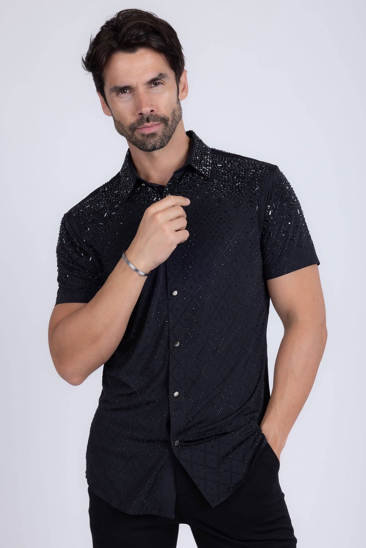 Men's Rhinestone Stretch Short Sleeve Shirt