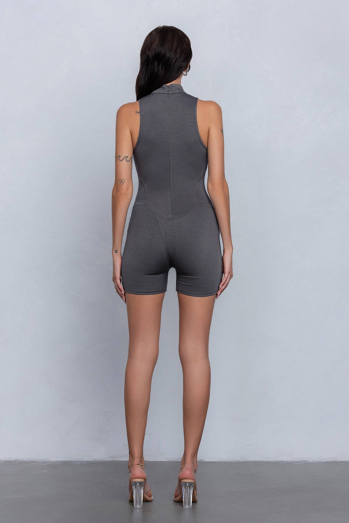Soft & lightweight mockneck romper w/zipper detail