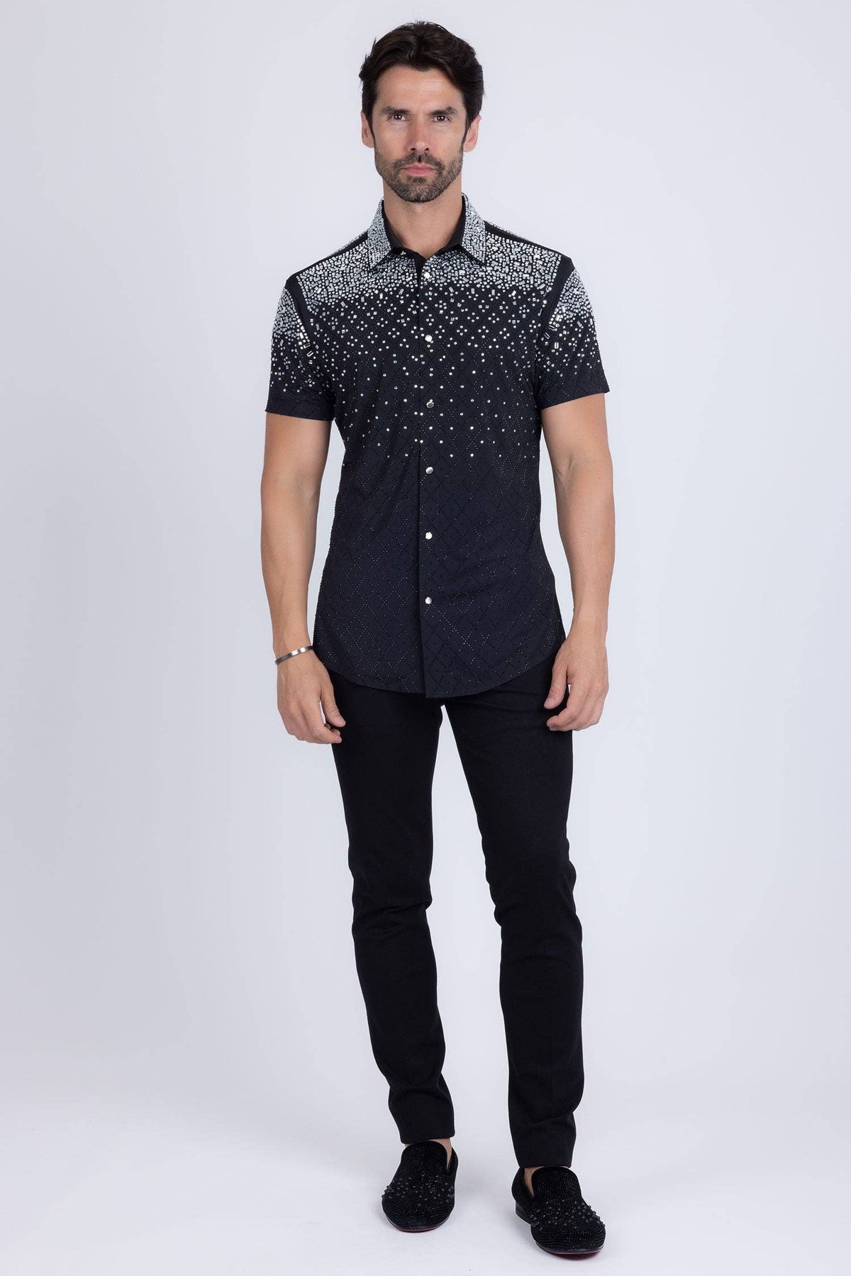 Men's Rhinestone Stretch Short Sleeve Shirt