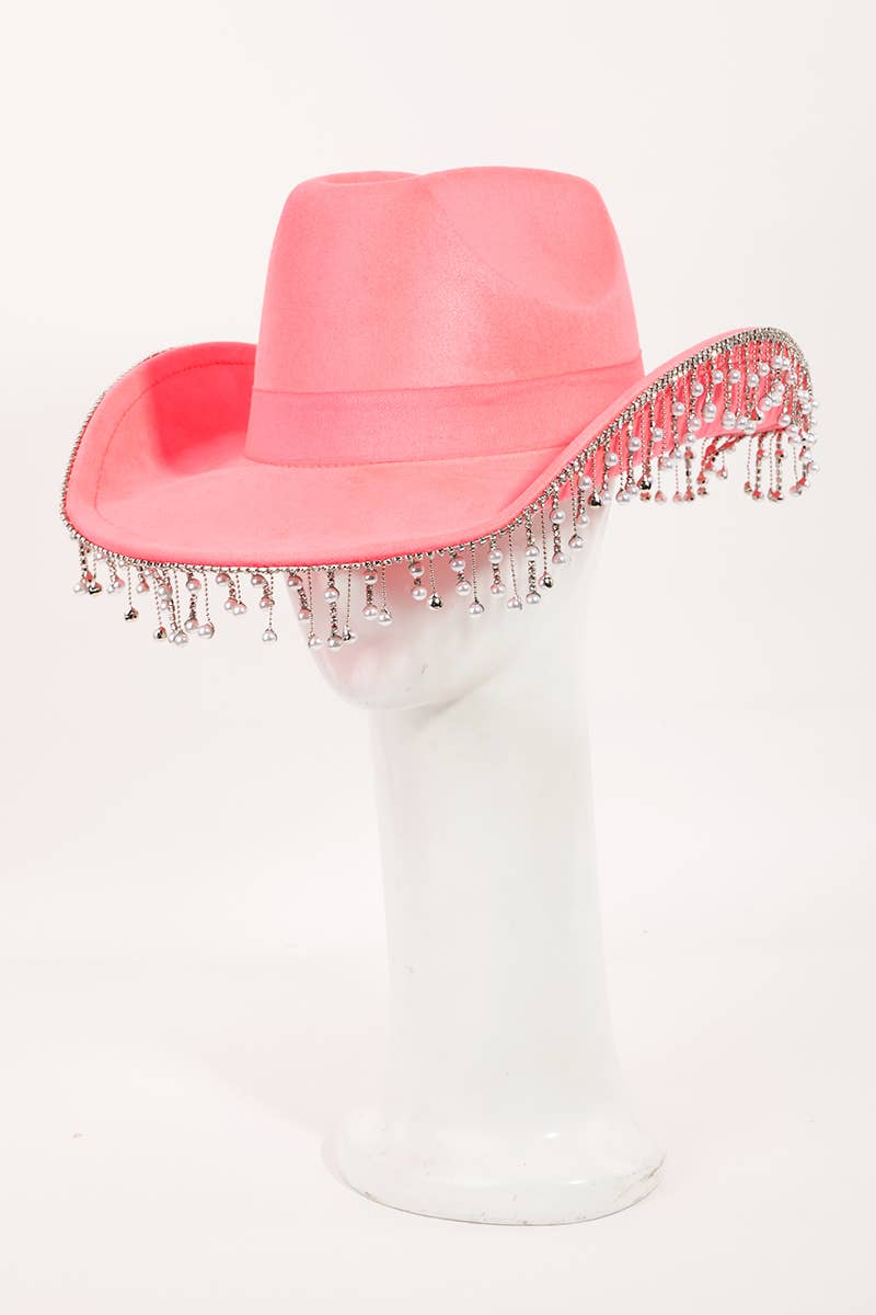 Pearl Rhinestone Fringe Trim Cowboy Hat